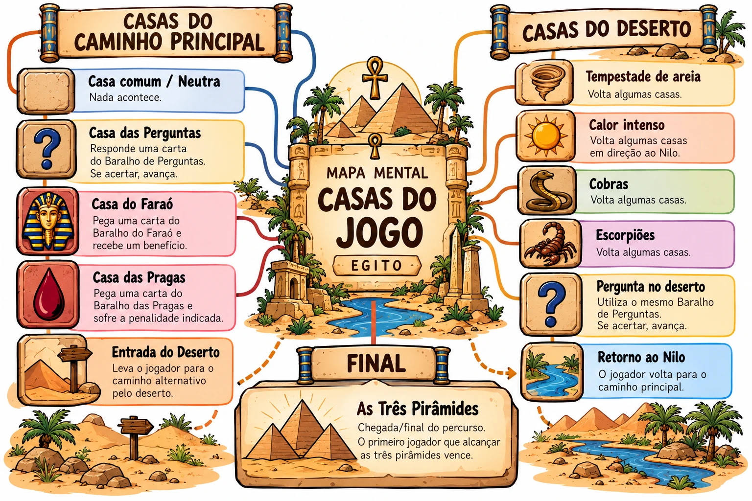 Mapa mental das casas do jogo: caminho principal, deserto e chegada às Três Pirâmides.